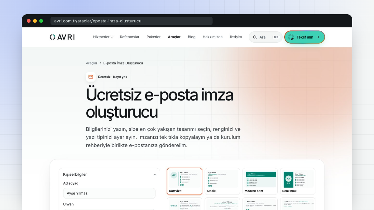 Avri e-posta imza oluşturucu aracının ekran görüntüsü