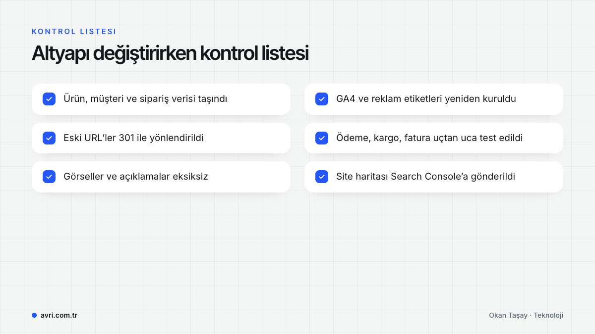 Altyapı değiştirirken kontrol listesi: veri taşıma, 301 yönlendirme, görseller, ölçüm etiketleri, entegrasyon testleri ve site haritası