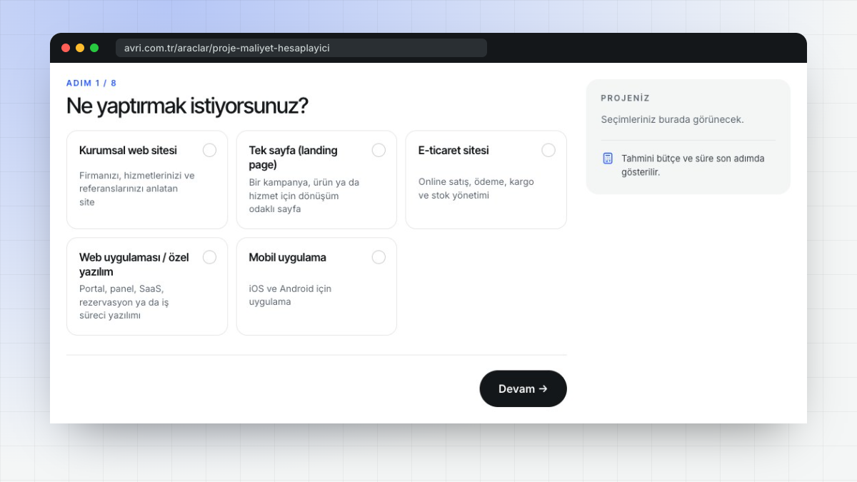 Avri proje maliyet hesaplayıcısının kapsam seçimi ve tahmini bütçe ekranı
