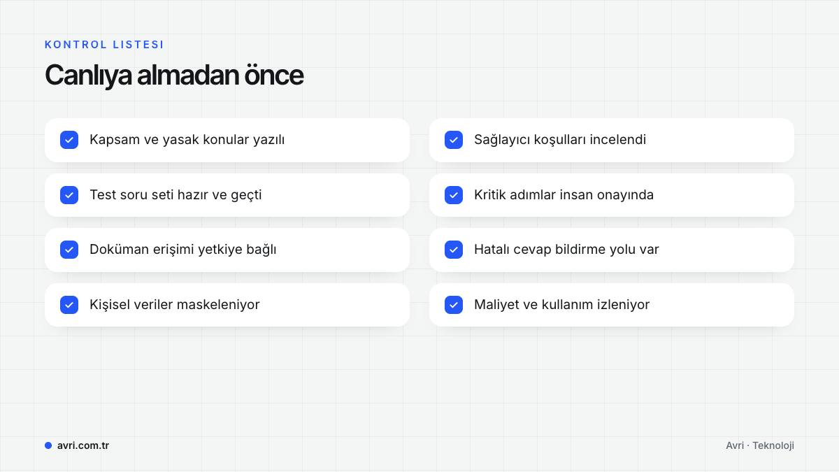Kapsam, test seti, yetki, maskeleme, sağlayıcı koşulları, insan onayı, geri bildirim ve maliyet izleme maddelerinden oluşan kontrol listesi