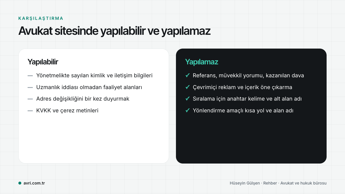 Avukat sitesinde yapılabilir ve yapılamaz öğelerin karşılaştırması