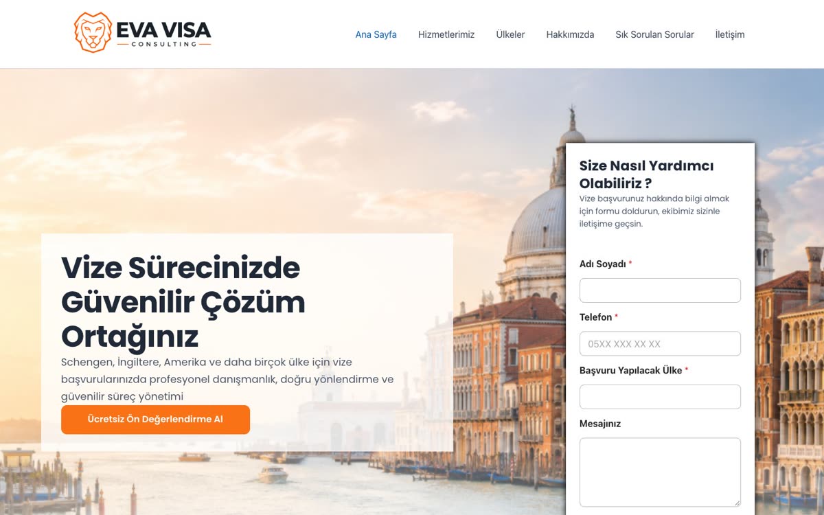 Eva Vize web sitesi ana sayfası